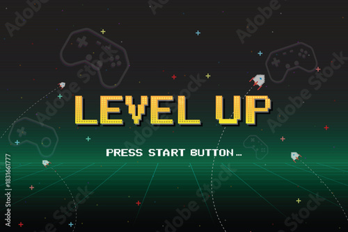 LEVEL UP. pixel art 8-bit. Retro Futurism Sci-Fi Background. glowing neon grid and stars from arcade computer games	