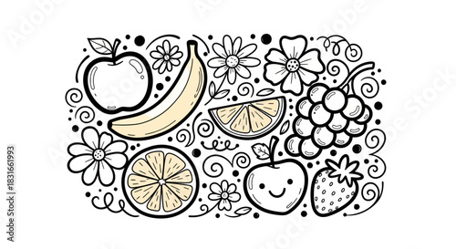 Colorful hand-drawn illustration of fruits and flowers, featuring apples, bananas, and grapes