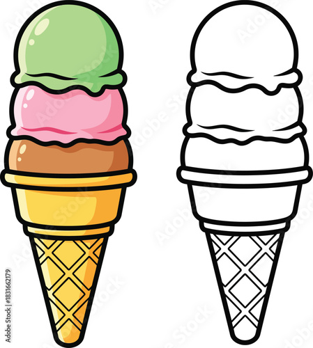 Vibrant cartoon ice cream cone with three scoops of mint strawberry and chocolate alongside a line art version.