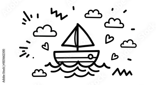 A whimsical illustration of a sailboat navigating waves under a cloudy sky with playful hearts