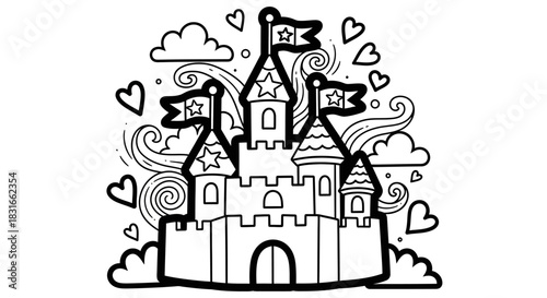 Whimsical castle illustration with flags, clouds, and hearts, perfect for children's art projects