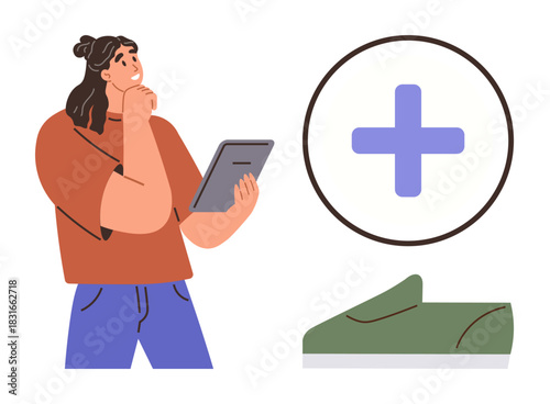 Woman contemplating decisions with tablet, illustrated shoe, and healthcare-related plus icon. Ideal for shopping, decision-making, e-commerce, online reviews, lifestyle, healthcare simple flat