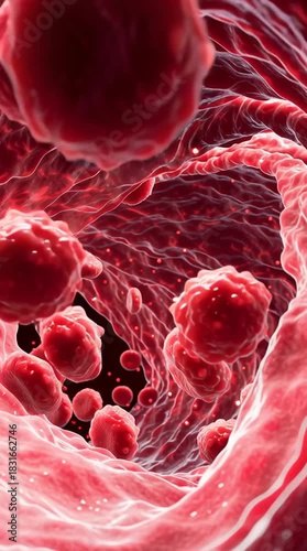 Close-up of blood cells moving through veins, hyper-realistic microscopic storytelling view