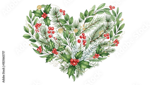Watercolor Christmas Heart Wreath with Holly Leaves, Pine Greenery and Red Berries Illustration