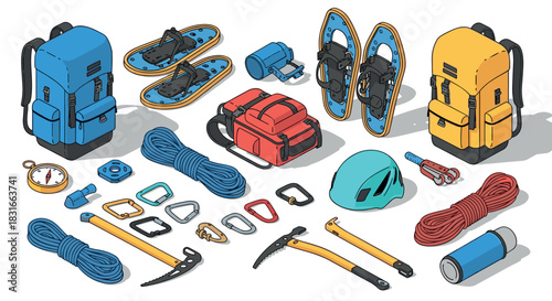 Outdoor adventure gear collection with hiking and climbing equipment in isometric style