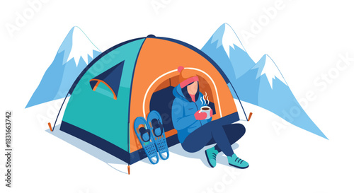 Outdoor winter camping in mountains with tent  isometric adventure