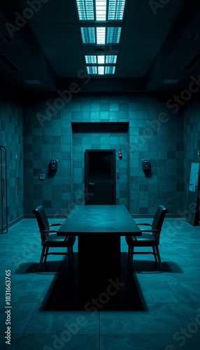 Intense interrogation room, stark table, two chairs, and a one-way mirror,  police,  justice