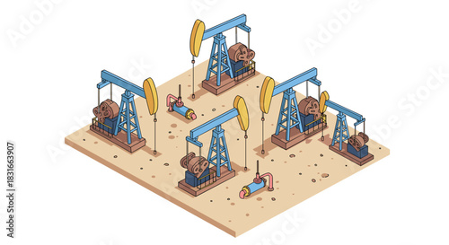 Isometric oil pump jacks operate on desert terrain with machinery and equipment