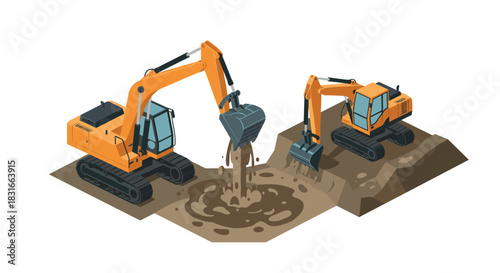 Isometric construction equipment on site with excavators digging