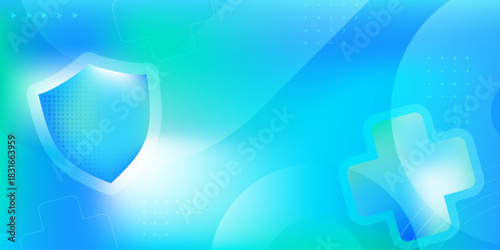 Abstract medical security background with cyan shield shape and health cross symbol. Modern healthcare protection design for insurance, hospital services, digital medicine, wellness technology banners
