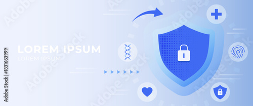 Health insurance protection shield with lock and medical icons of hospital cross, fingerprint, heart, DNA . Secure digital healthcare system, medical safety, wellness security tech blue background