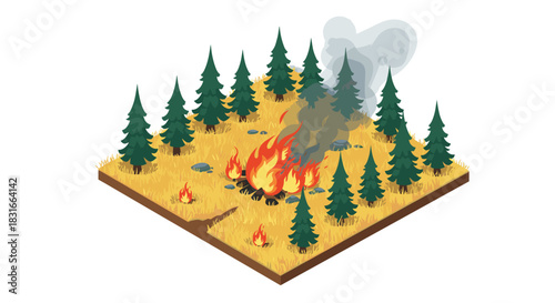 Isometric forest fire scene with green trees and flames in a field