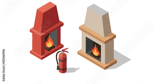 Cozy fireplace and safety equipment in modern isometric design