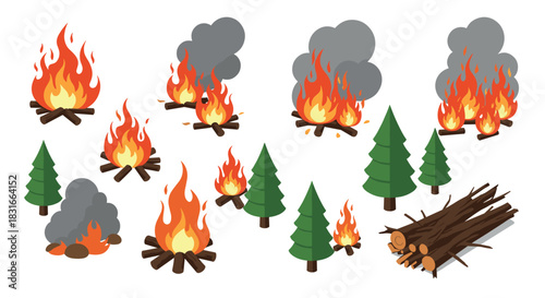 Cartoon campfire and forest elements with trees, smoke, and logs