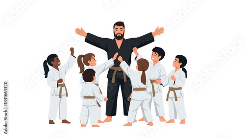 Karate instructor with enthusiastic children in martial arts class