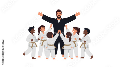 Martial arts class with enthusiastic children and instructor for educational and motivational design