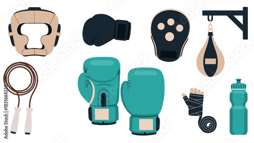 Boxing equipment set including gloves, headgear, punching bag, skipping rope, and water bottle for training and fitness