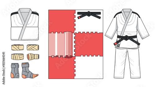 Martial arts equipment and apparel: illustrated gi, belt, hand wraps, and mat design for training and instruction
