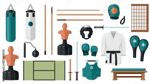 Martial arts equipment collection for training and fitness design
