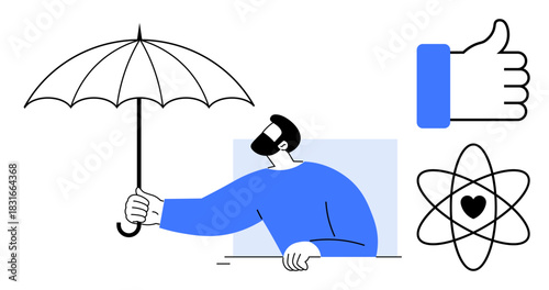 Protection concept. Holding an umbrella s security and care. Connected to positivity with a thumbs-up icon and love in an atomic symbol. Perfect for insurance, health, wellness, personal safety