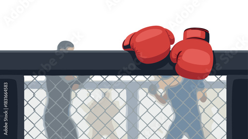 Boxing gloves resting on ring fence with fighters in background for sports design and fitness posters