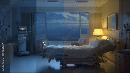 Time-lapse of hospital room transitioning from day to night as patient recovers, storytelling mood

