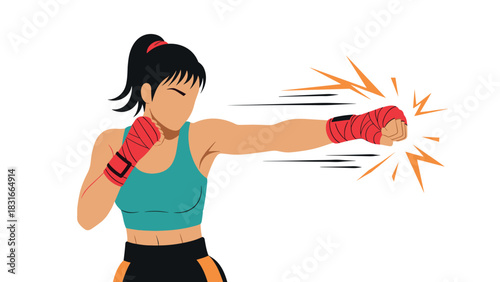 Female boxer throwing punch in dynamic sports illustration for fitness motivation and poster design