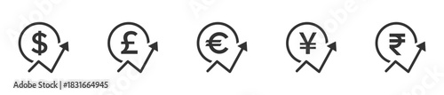 Cost increase icons set. Euro, Dollars, Pound, Yen and Rupee price increase icon. Value of money increase concepts