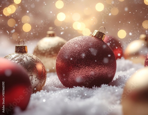 red christmas balls on snow