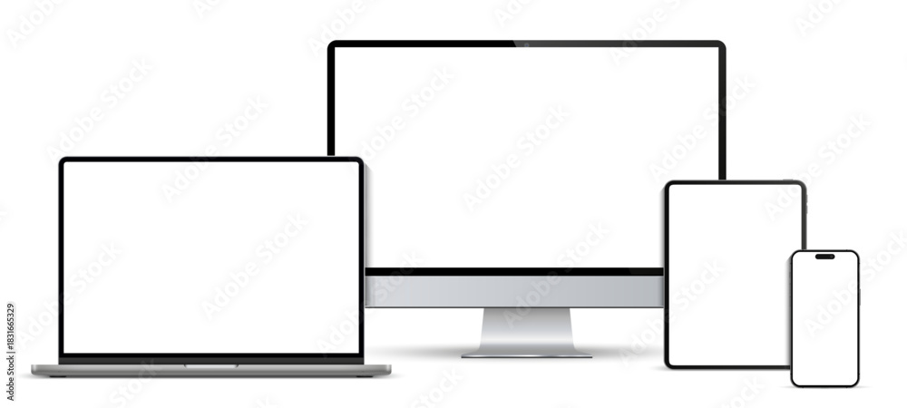 Obraz premium Modern computer, laptop, tablet, smartphone mockup front view, notebook mockup and phone device mockup ui ux app, set technology devices with empty display, digital devices screen template isolated