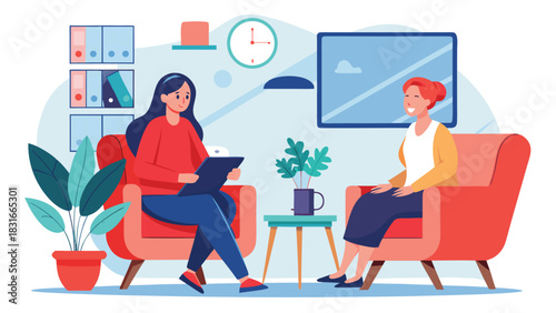 Two women engaged in a conversation in a cozy therapy room, surrounded by soft lighting and comfortable furnishings..eps