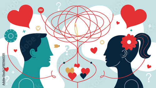 man and woman gaze at each other, their heads open to reveal their brains, symbolizing deep connection and understanding..eps