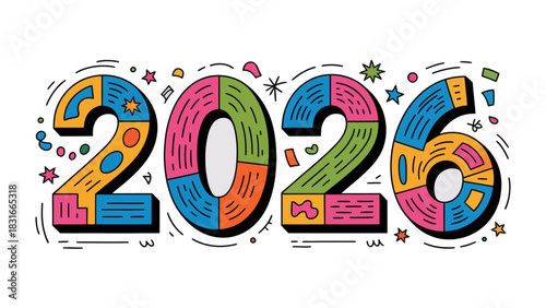 New Year 2026: An illustration showcases a bright and colorful depiction of the year 2026, perfect for visual storytelling to commemorate new goals and aspirations.