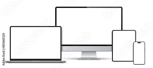Modern computer, laptop, tablet, smartphone mockup front view, notebook mockup and phone device mockup ui ux app, set technology devices with empty display, digital devices screen template isolated