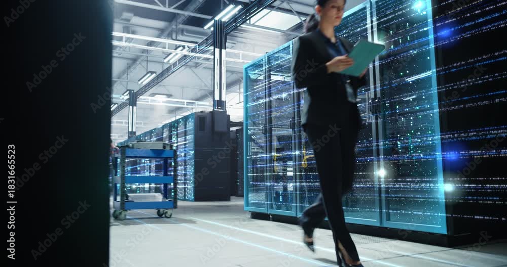 Someone Inspecting Network Traffic IT Manager Strides Through a Hyperscale Data Center, Inspecting Tablet ...