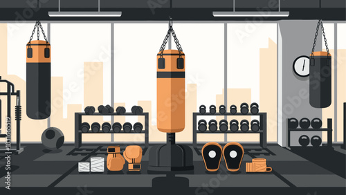 Modern gym interior with boxing equipment and weights for fitness training and workout inspiration