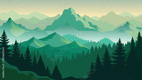 scenic mountain range with lush trees in the foreground and towering peaks in the background..eps