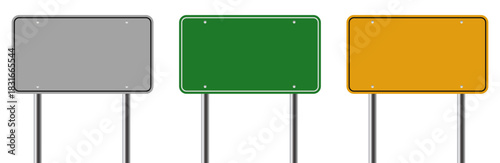 Blank road set, empty street signs, gray green yellow road board, street traffic signs isolated
