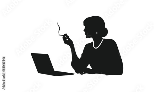 Silhouette of a woman smoking a cigarette while working on a laptop.