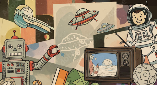 Whimsical retro-futuristic collage of imaginative space exploration, featuring a brave astronaut, friendly robot, and flying saucers amidst cosmic wonders