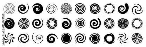 Spirals swirl set, variety of swirl and rotation patterns for creativity motion or hypnosis, spiral decorative shape in dynamic circular design