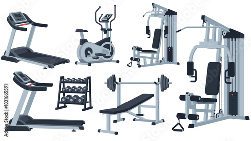 Modern fitness equipment set for gym and home workouts - treadmill, bench, and weights collection