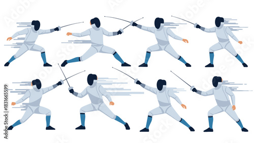 Dynamic fencing duel illustration with masked athletes for sports designs