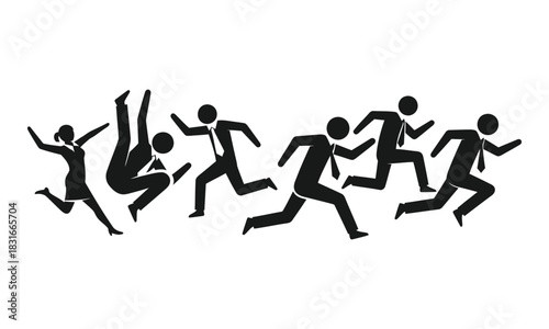 Illustration of business people running, one person falls, black and white.