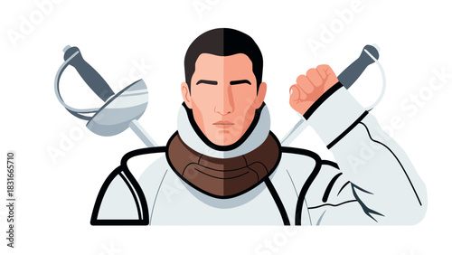 Fencing sport illustration with fencer pose and sabers for athletic design