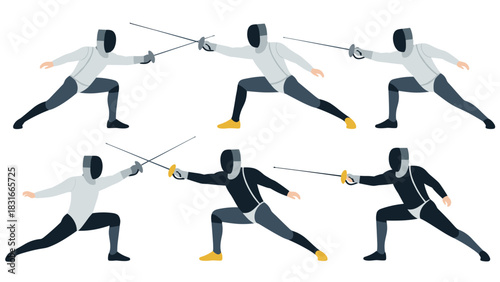 Fencing duel illustration with masked athletes in dynamic poses for sports design