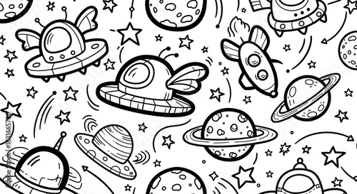 Whimsical space-themed illustration featuring flying saucers, rockets, and planets in a playful design