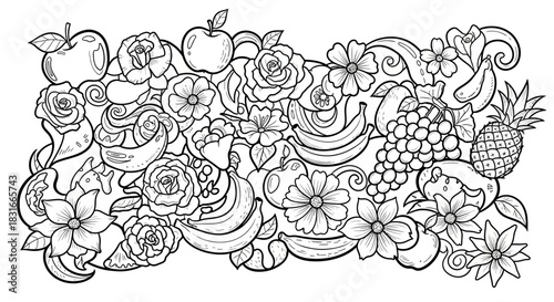 Intricate black and white illustration of fruits and flowers, ideal for coloring book designs