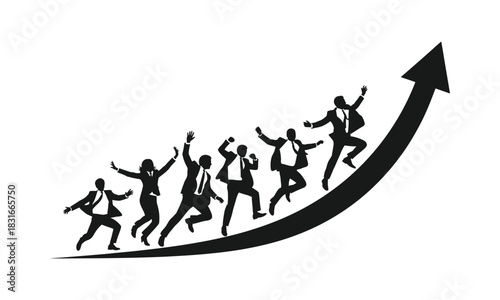 Silhouetted business people climbing an upward arrow.
