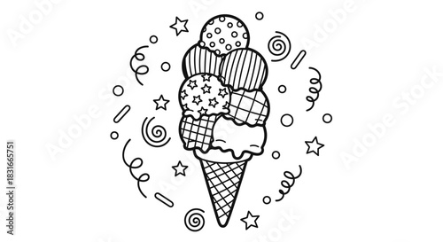 Colorful ice cream cone with various flavors and toppings surrounded by whimsical decorations